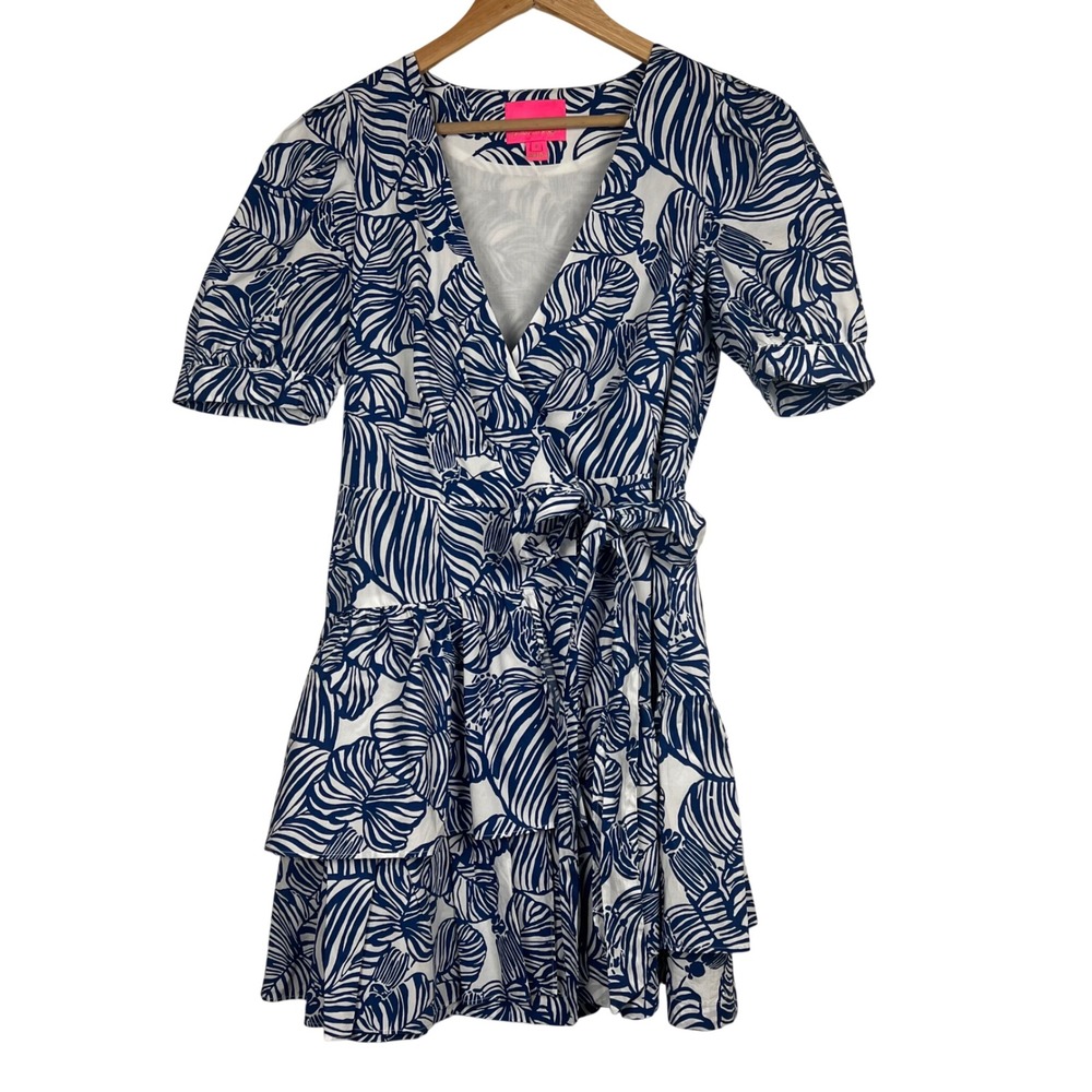 Lilly Pulitzer Blue White Tropical Cotton Tiered Wrap Dress Alexandria Size‎ 8